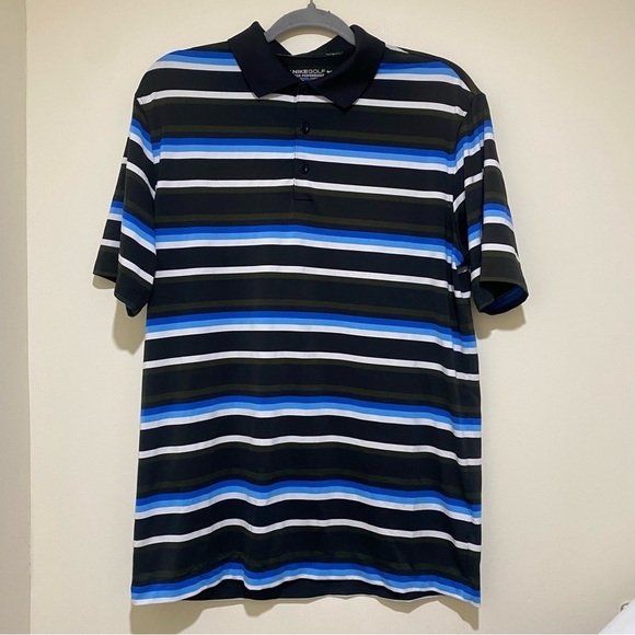 Men’s Nike Golf Dri-Fit Men's Short Sleeve Polo Shirt Blue  Brown Striped Size M - Picture 1 of 15